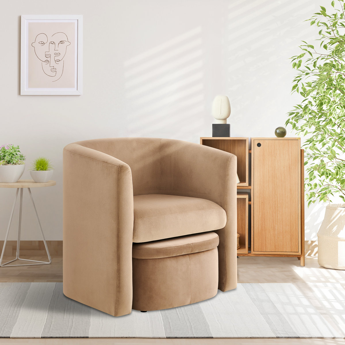 Kyah Upholstered Barrel Chair with Ottoman (Set of 2)